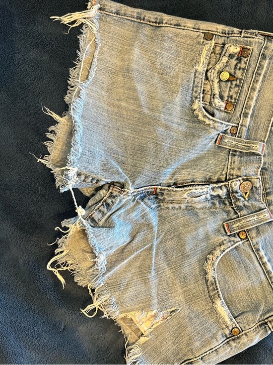 True Religion Pants - True Religion Light Blue Washed Denim Shorts with Brass Button